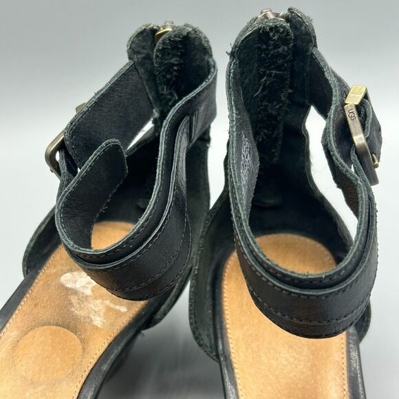 Ugg Char Sandals Ankle Strap Black Leather Mini Wedge Women’s Size 10 - Picture 11 of 12
